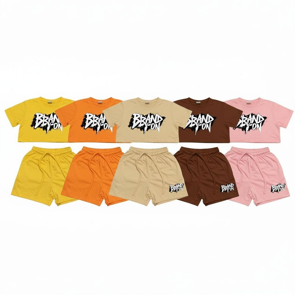 Brand-on Women’s Streetwear Matching Set – Graphic Crop Top & Shorts (Multi-Color)